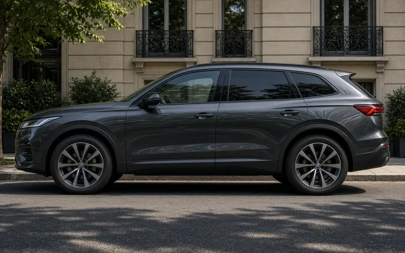 Dunkelgrauer SUV mit getönten Scheiben in einer Stadtstraße