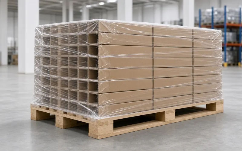 Shrink-wrapped cartons on a pallet in a warehouse