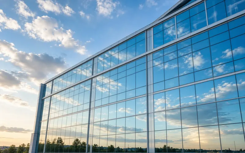 Gläserne Bürofassade, in der sich der Himmel spiegelt