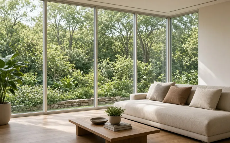 Helles Wohnzimmer mit großen Fenstern zu den Bäumen