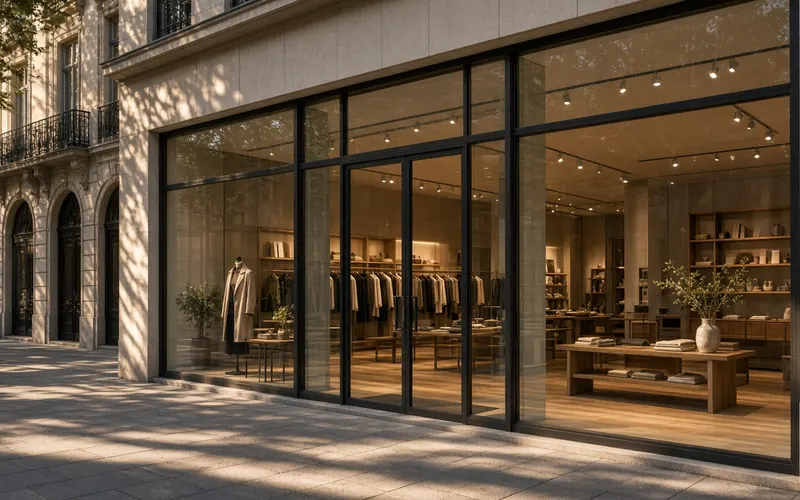 Shop with a full-height glass storefront on a city street